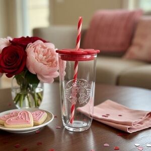Starbucks Red and Clear Tumbler with Striped Straw